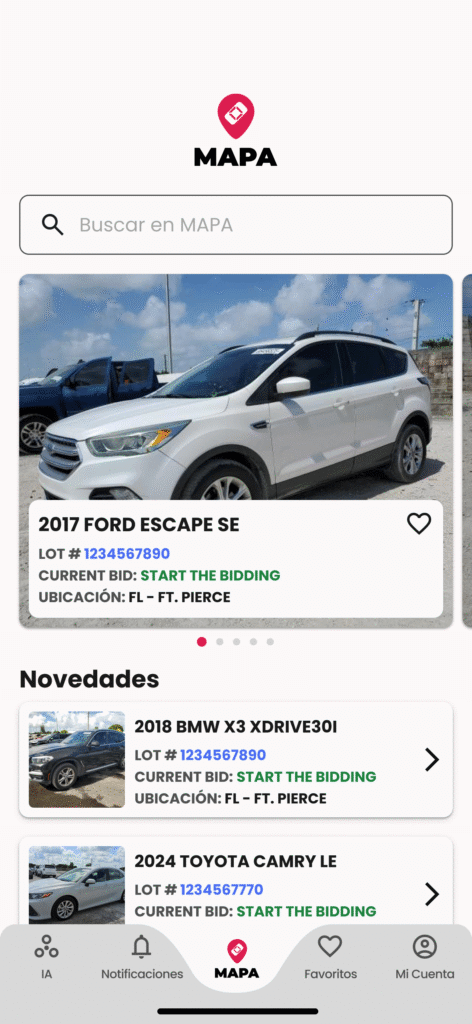 Aplicación MAPA mostrando el inventario de las subastas de autos Copart.